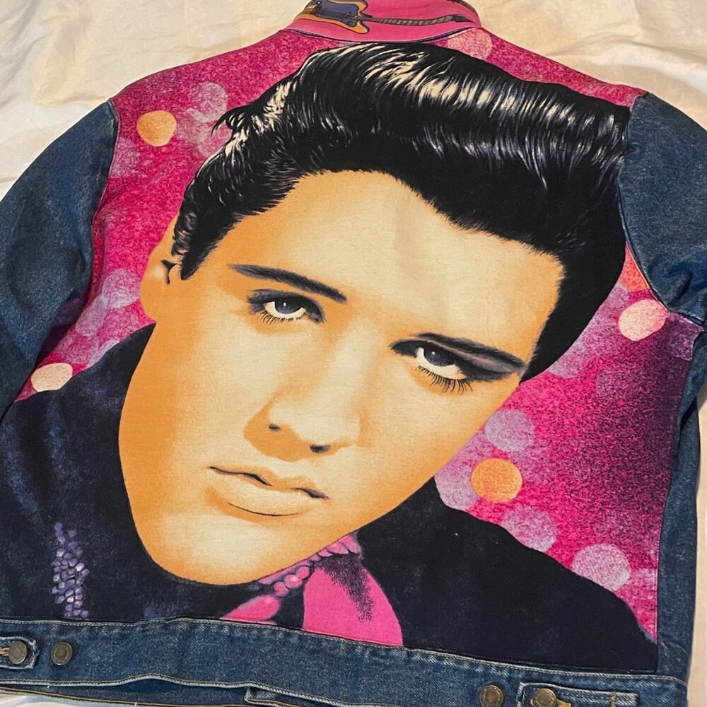 Vintage Elvis Presley Blue Jean Denim Jacket Unique Vibrant Back Print XL - Picture 2 of 16